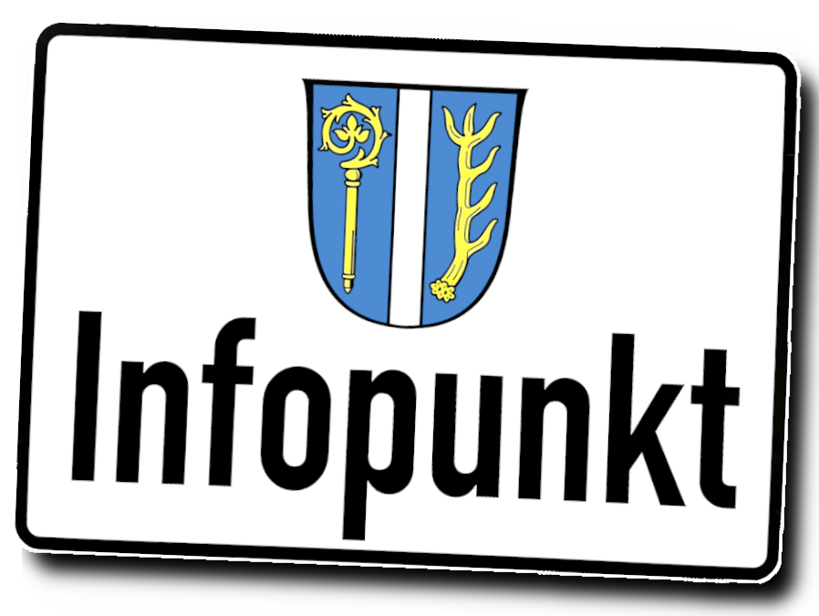 Schild Infopunkt mit Wappen der Gemeinde Brunnthal