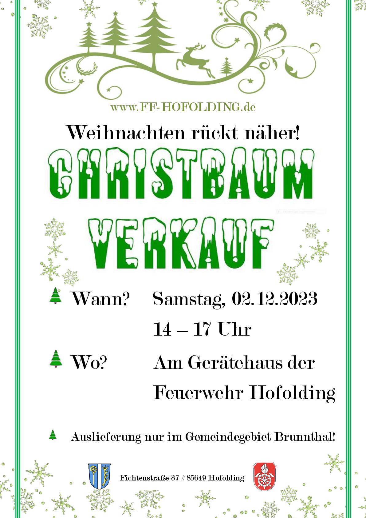 Plakat Christbaumverkauf der Feuerwehr Hofolding am 02.12.2023
